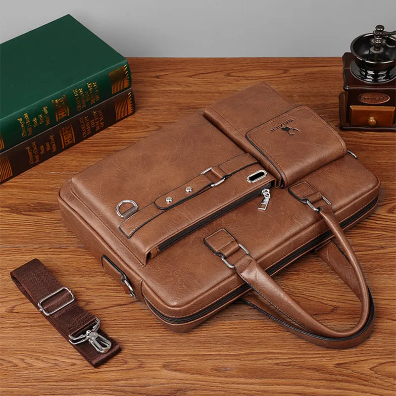Vintage Leather Briefcases Men Business Handbag Large Capacity Tote Bag Office Shoulder Messenger Bag Waterproof Laptop Bag