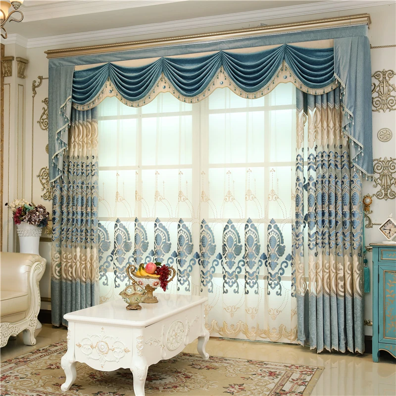 

European Style Light Blue Beige Spaced Velvet Embroidered Living Room Bedroom Study Kitchen French Window Valance Curtains