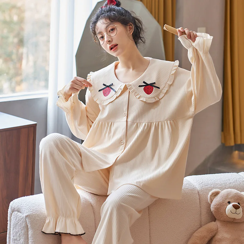 Large Size Sleepwear New Spring Autumn Women's Long-Sleeved Trousers Set Cotton Cardigan Pajamas Students Cute Home Clothes 3XL