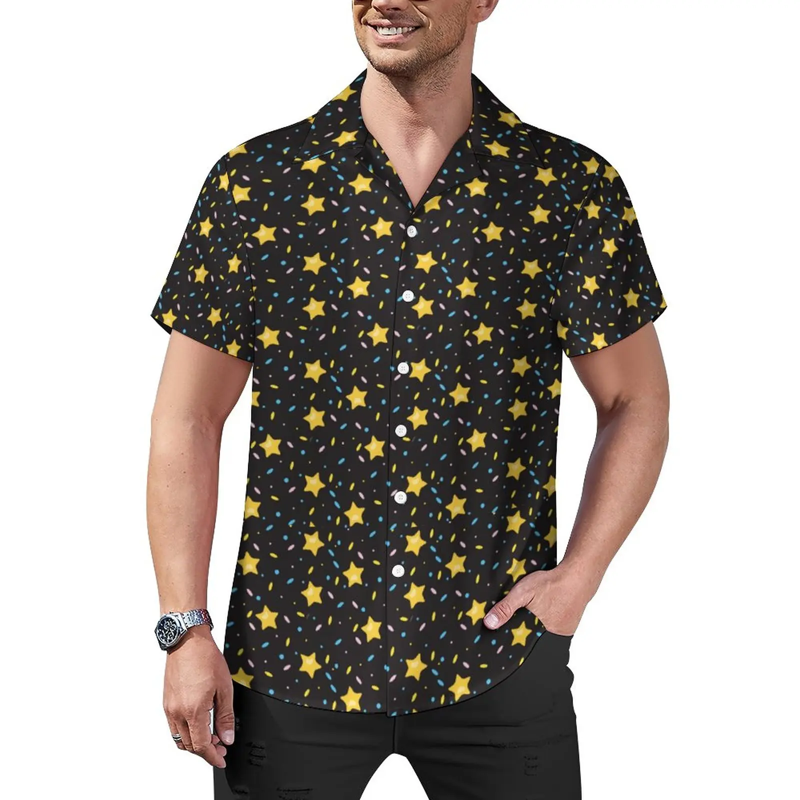 

Gold Stars Print Loose Shirt Male Vacation Cute Star Casual Shirts Hawaii Design Short Sleeve Y2K Oversized Blouses