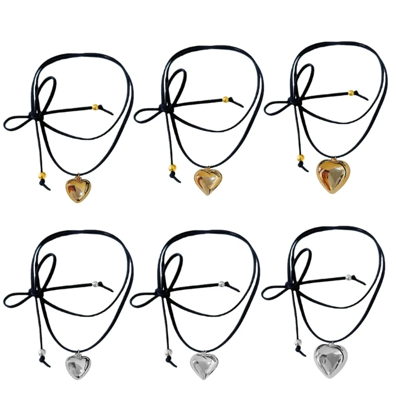 

Love Heart Pendant Necklace Black Wax Rope Choker Necklaces for Women Elegant Pulling Rope Adjustable Clavicle Chain