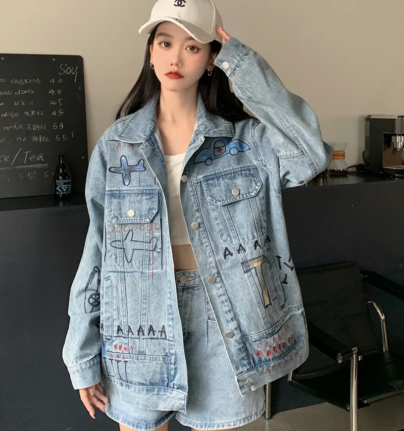 2022 New Autumn Embroidered Print Graffiti Plane Hand-painted Loose Denim Jacket Free Shipping