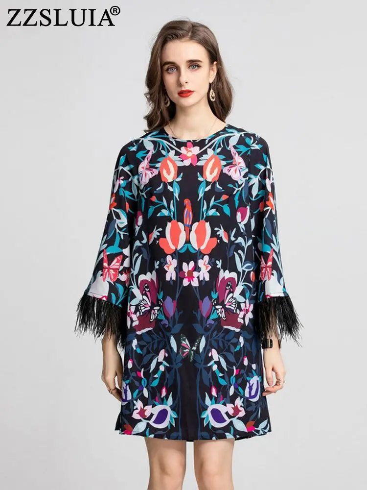 

ZZSLUIA Vintage Dresses For Women Birds Printed Feather Designer Loose Elegant Dress Fashion Three Quarter Sleeve Dresses Female
