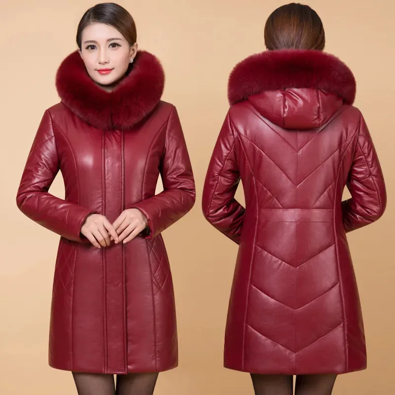 6XL Women Split Leather Coat Winter New Fashion Thick Warm Faux Fur Collar Hooded Sheepskin Jacket Tops Leather Outerwear Female