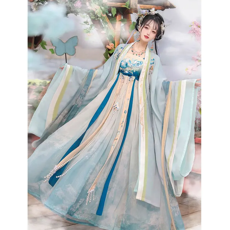 Синее женское платье ханьфу костюм китайской феи с вышивкой традиционный