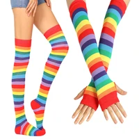 new colorful rainbow stockings thigh knee socks warm striped arm warmer gloves christmas gifts women lolita cosplay costume