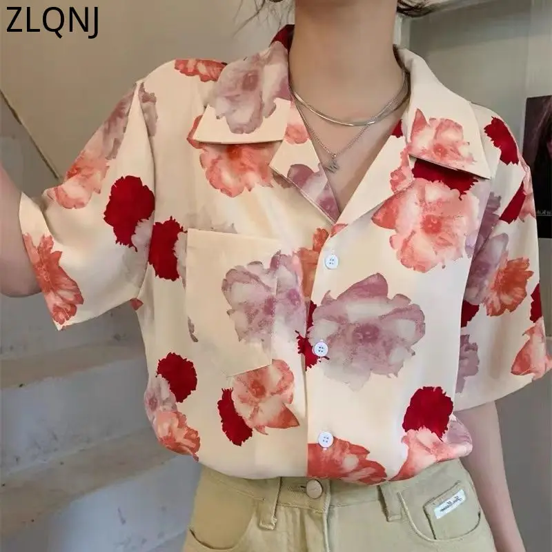 

Women Tops and Blouses Flower Print Beach Shirt Summer Turn Down Collar Short Sleeve Harajuku Casual Vintage Hawaiian Shirts Y2k