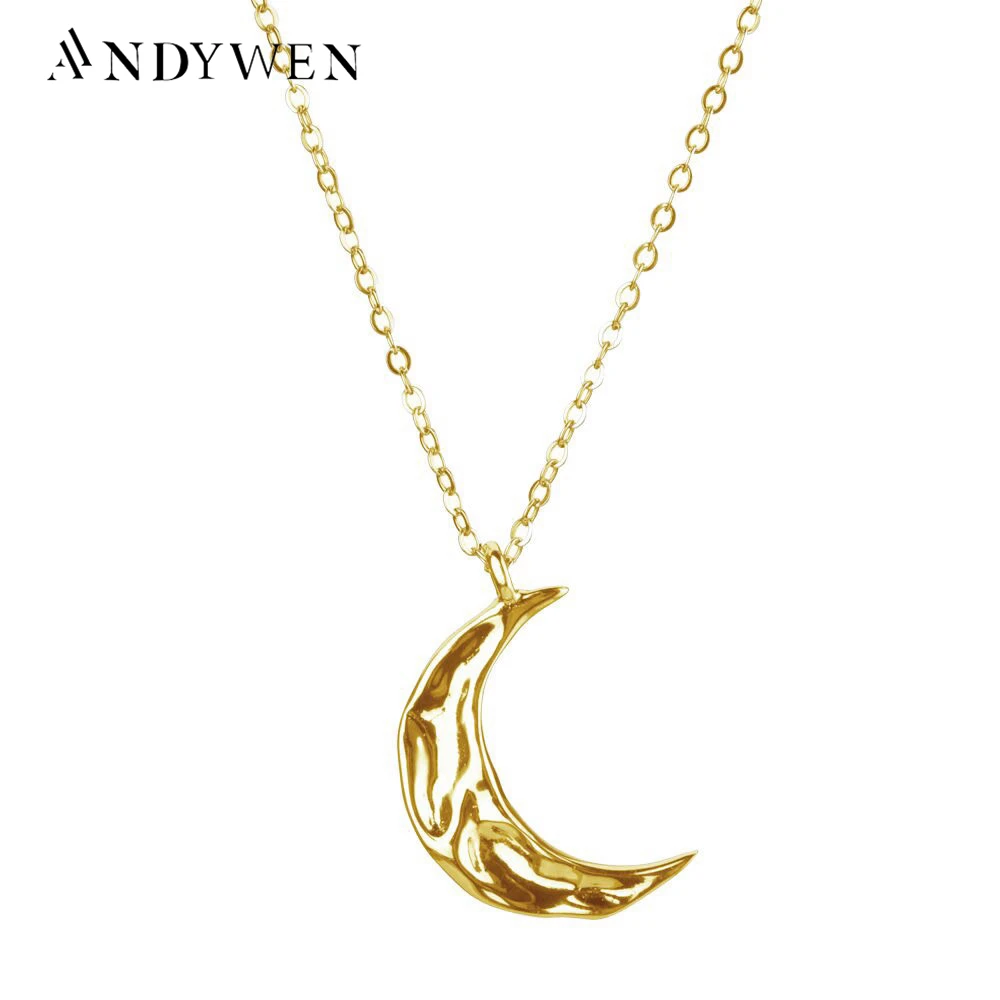 

ANDYWEN 925 Sterling Silve Gold Irregular Moon Pendant European Trend Luxury Women Jewelry luxury Big Thick Jewelry Long Chain