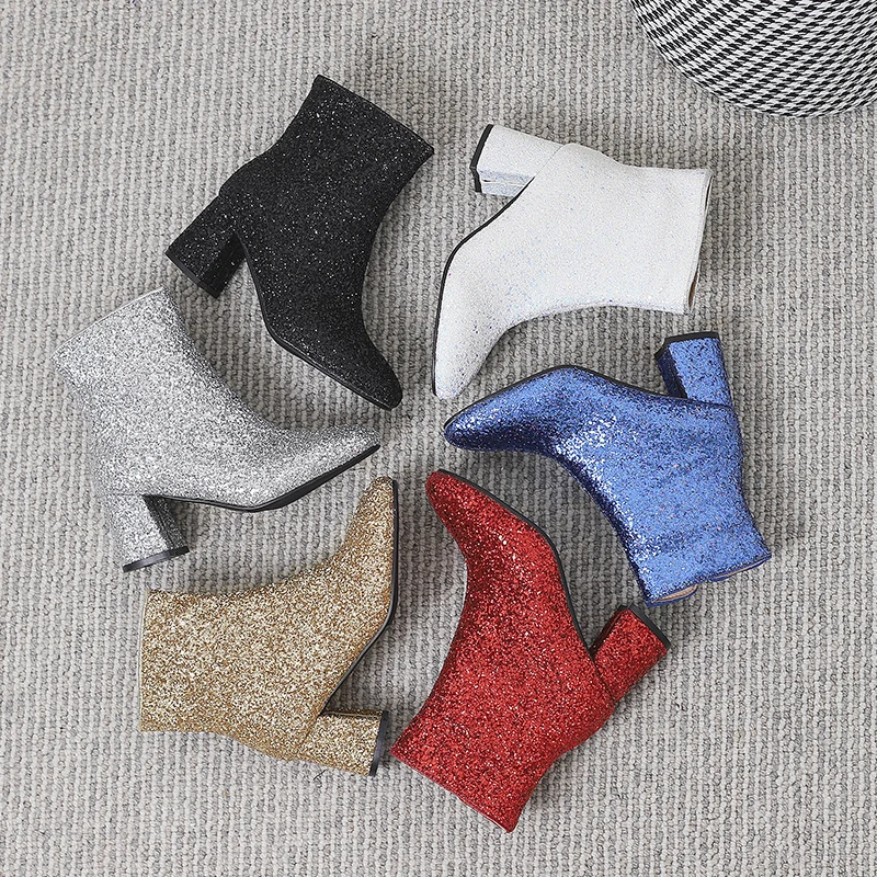 Женские Блестящие ботильоны на массивном каблуке с круглым носком и боковой