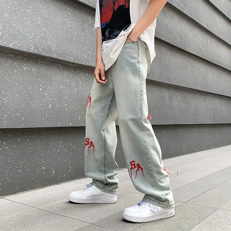 New Light Blue Embroidery Men Jeans Straight Fashion Casual Loose Trousers High Street Hip Hop Male Denim Pants