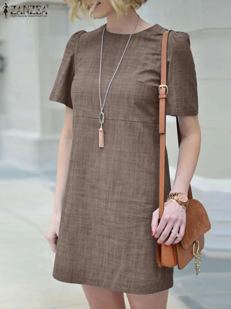 

2023 ZANZEA Women O Neck Short Sleeve Solid Dress Stylish Summer Sundress OL Work Knee-length Vestido Beach Party Robe Femme