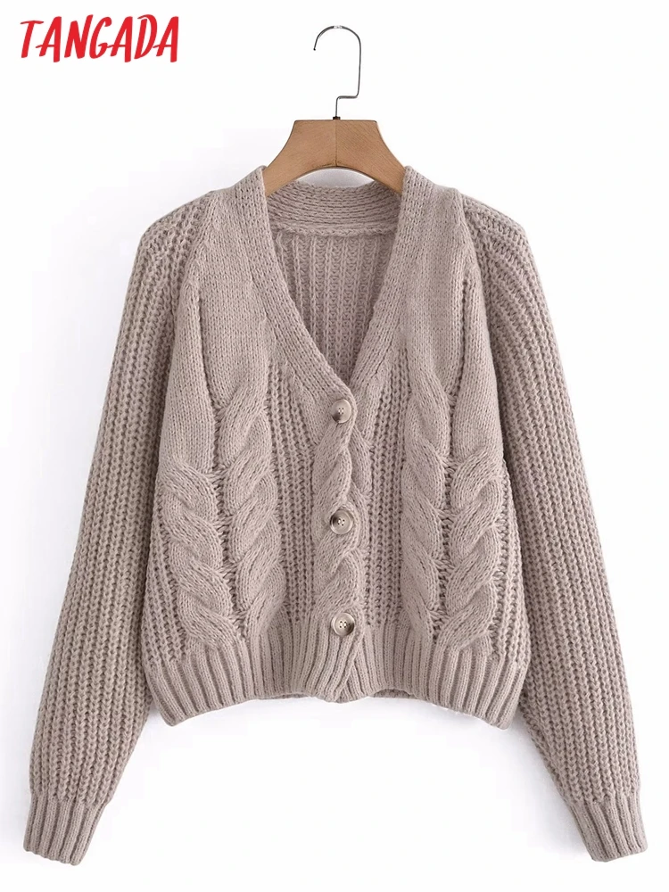 

Tangada women thick twist cardigan vintage jumper 2022 female crop knitted cardigan 3A105