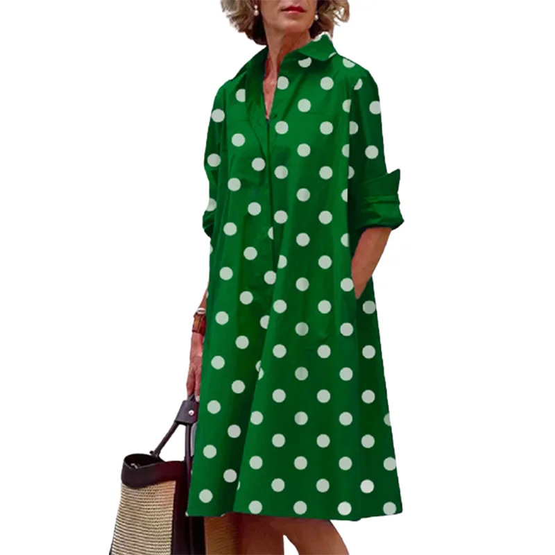 

Onecozyday Adult Polka Dot Printed Shirt Dress Spring Summer New Stylish Long Sleeves Casual Daily Dresses For Urban Women