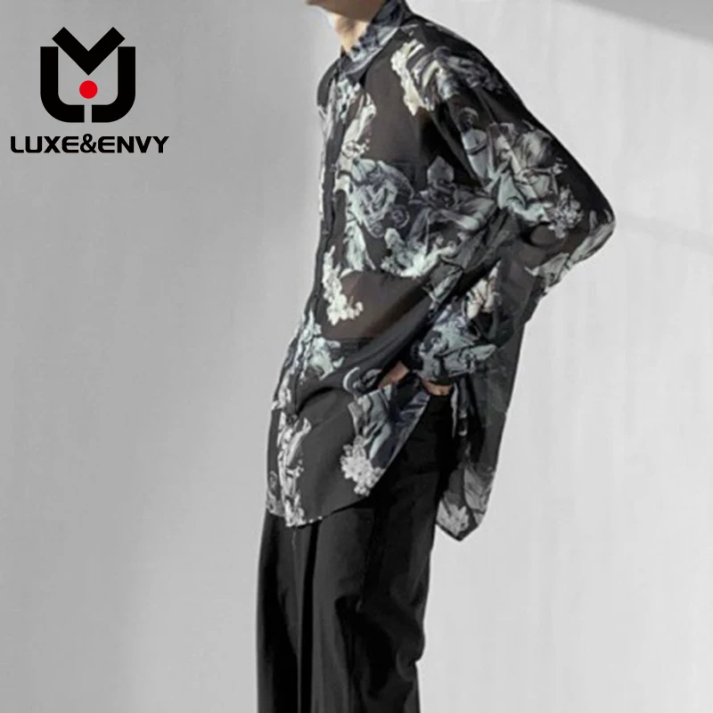 

Рубашка мужская сетчатая с принтом и цветами, свободного покроя