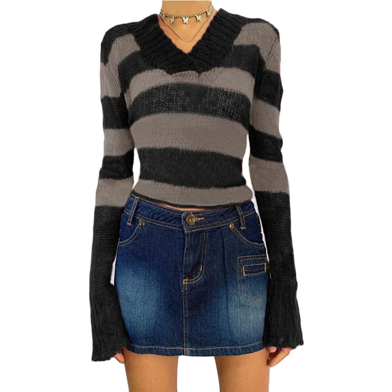 

Женский трикотажный свитер в полоску, с длинным рукавом и V-образным вырезом