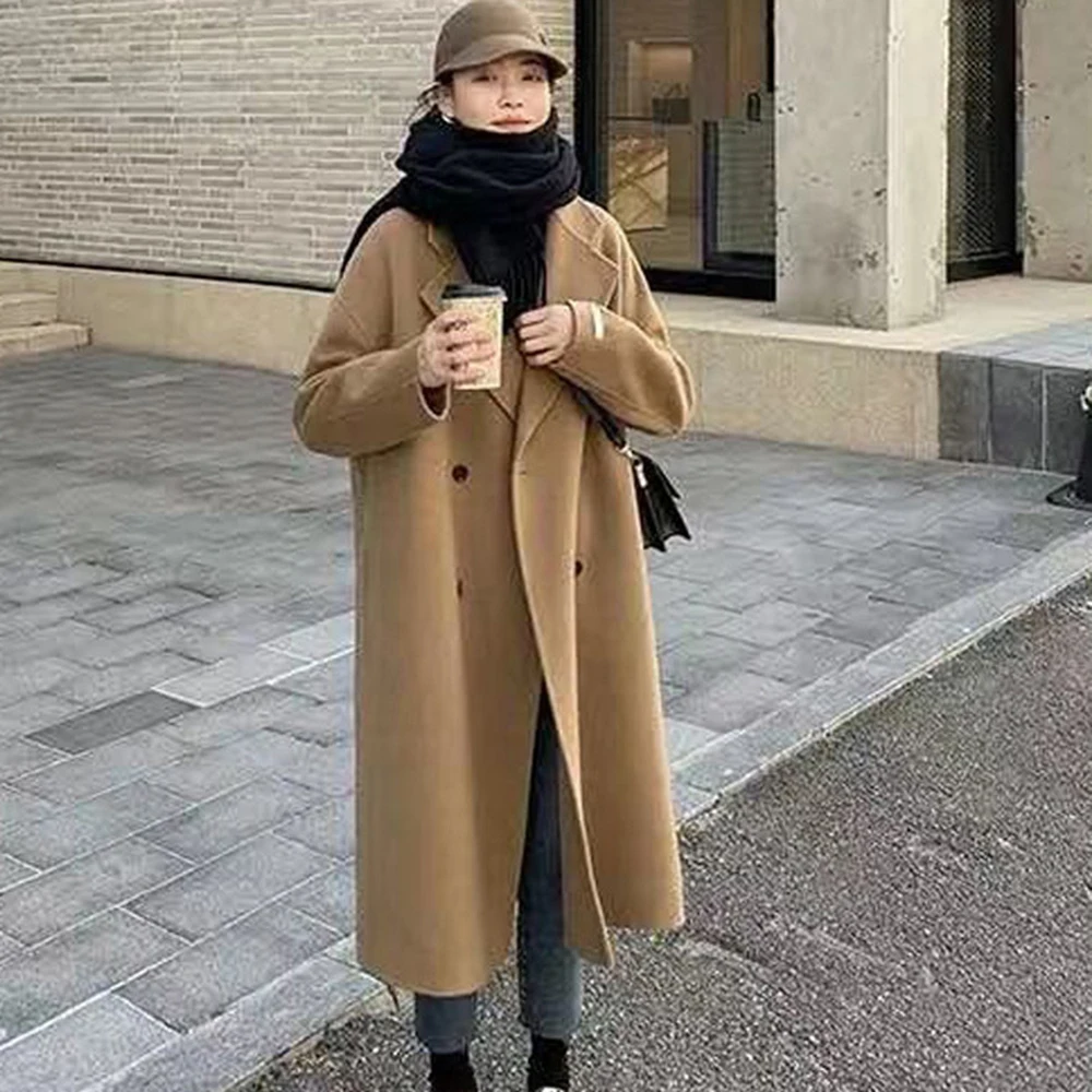 Женское длинное шерстяное пальто на осень и зиму однотонное кашемировое