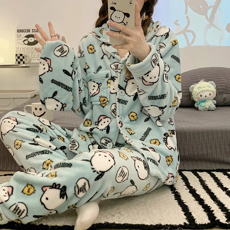 

Kawaii Sanrio Anime Pochacco Autumn and Winter Women's Long Sleeve Pajamas Cute Cartoon Warm Plush Home Clothes Set Y2K Pants