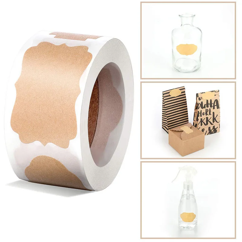 

300Pcs/Rol Package Tag Natural Kraft Adhesive Sealing Sticker Kitchen Jar Blank Scrapbook Label Gift Baking