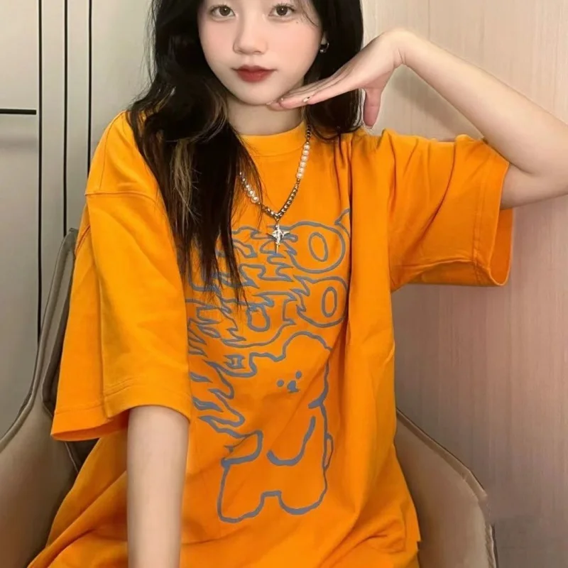 

ICCLEK/flame bear design short-sleeved T-shirt female 2023 new spring and summer loose American ins orange top tide