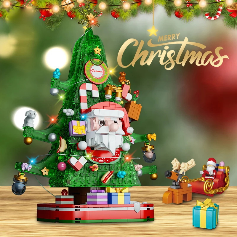 

Новый конструктор, наборы моделей рождественской елки, игрушечный город, зимняя деревня, поезд, Санта-Клаус, лось, новогодние игрушки с лого...