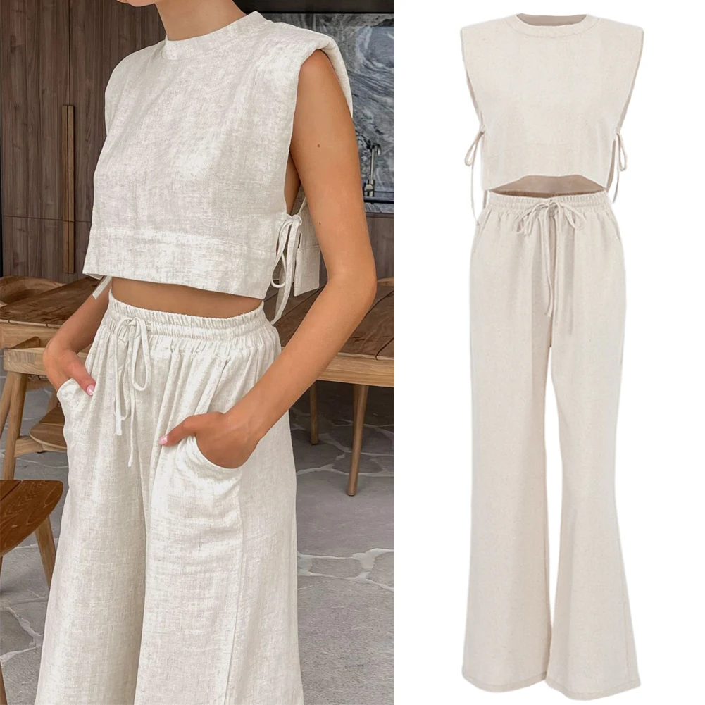 

Women Cotton Linen Suits 2023 Elegant Sleeveless Wide Leg Trousers Two Piece Set Female Casual Straight Pants Suits Tracksuit