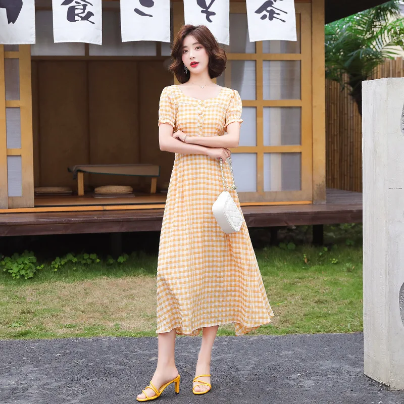 

Elegant Plaid Short Sleeve Dress Women 2022 Summer Femlae Fashion Square Collar Single-breasted Chiffon Slim Fit Party Dresses