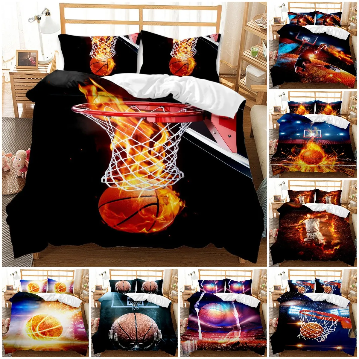 Juego de funda nórdica de baloncesto para niños y adolescentes, ropa de cama de tamaño doble, con patrón de fuego, Ultra suave