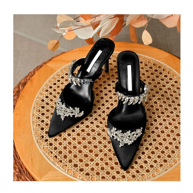New Mules Shallow Pointed Toe, Black Silk Face Wheat Ear Rhinestones Wedding Parties Casual Fashion Sandals  Heels Women