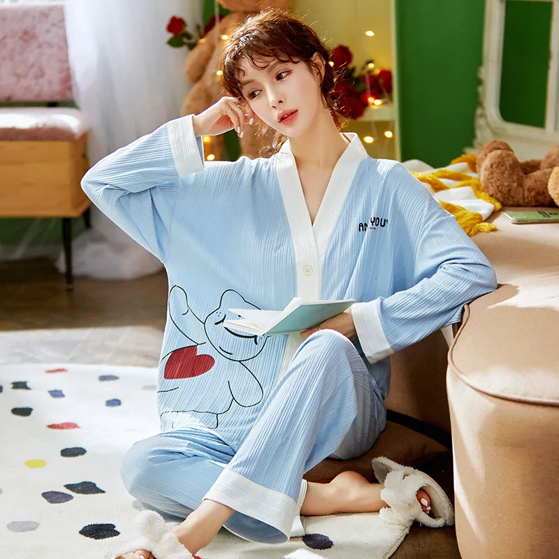 Cartoon Pajamas Set Sexy Sleepwear For Women Elastic Pyjama Women's Cotton  2022 Fashion Autumn Homewear Clothes Big Size