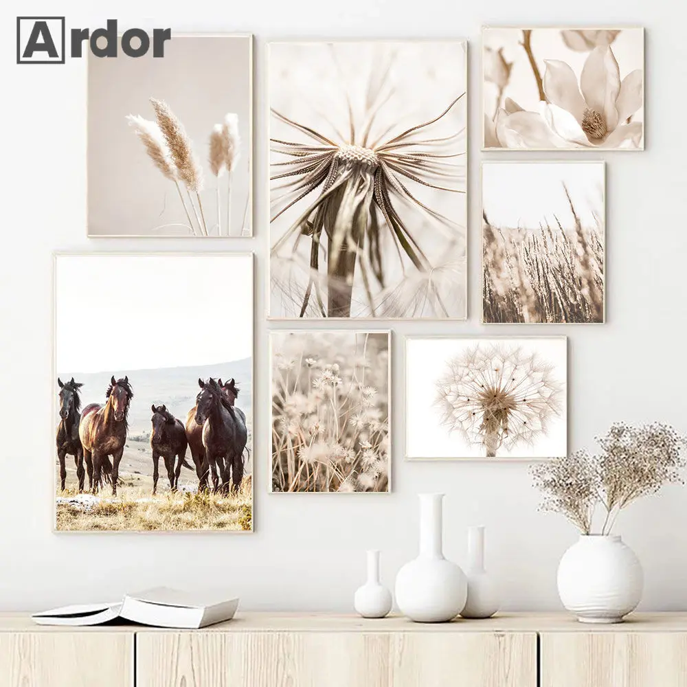 

Nordic Beige Scenery Art Painting Dried Grass Flower Dandelion Canvas Poster Horse Reed Print Wall Pictures Living Room Decor