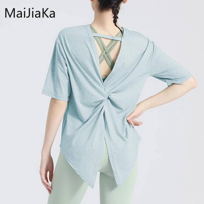 

Женские топы с коротким рукавом для йоги, футболка с открытой спиной для бега, пилатеса, свободная Спортивная одежда для тренировок, быстрос...