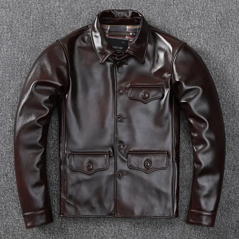 

2023 May Khaki wax high-end fashion head layer cowhide genuine leather clothing men's pure jacket soft slim lapel coat