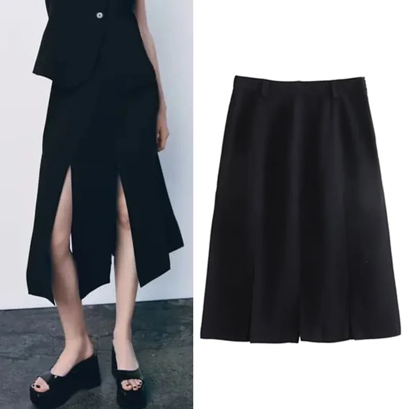 

TRAF 2023 Women Black Strips Midi Skirt Summer Chic High Waist Skirts Commuter A-line Self Ties At Hem Skirt Sets Women Clothes