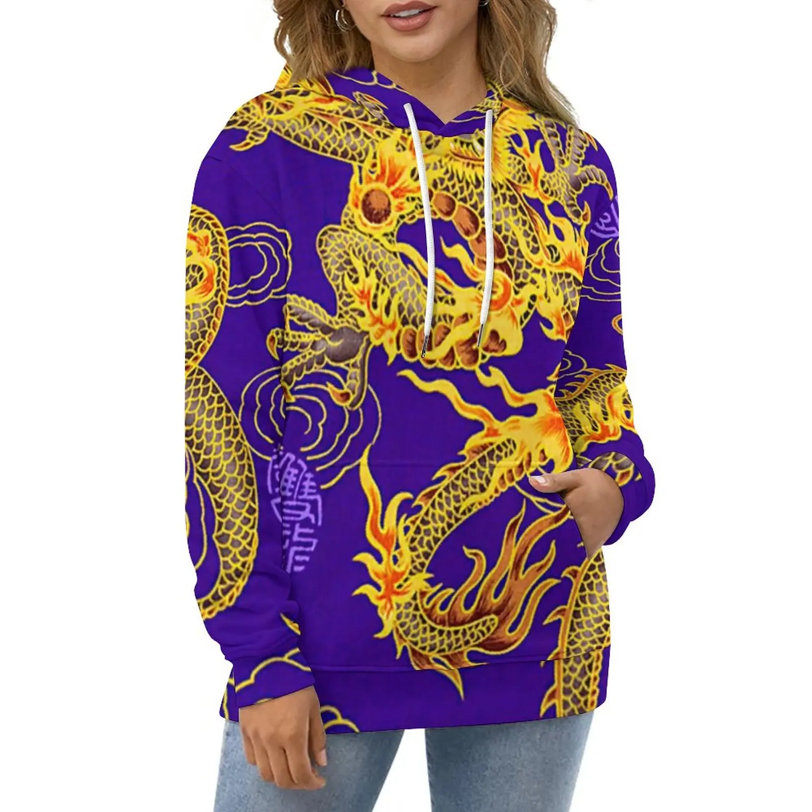 

Повседневные худи с изображением китайского императора дракона, пуловер с художественным принтом в стиле ретро с драконами, Женская толсто...