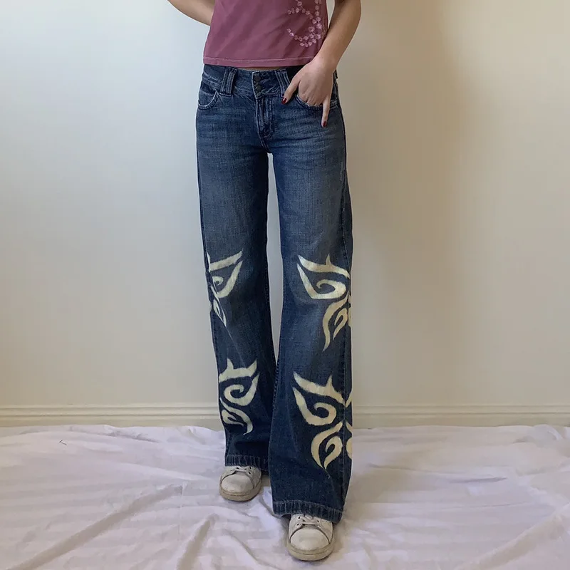 Printed Jeans Women's Old Style Butterfly Print Wide-leg Straight-leg Women's Jeans 2021 Fall/winter New Trousers Low Waist