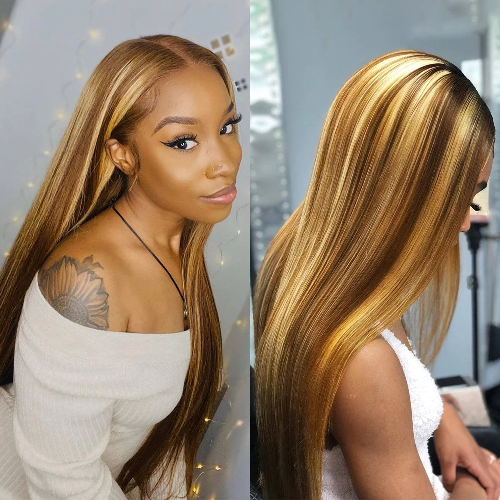 Highlight Wig Human Hair Hd Brazilian Ombre 30 Inch Honey Blonde Straight Human Hair Wig Colored Pre Plucked Wigs For Women