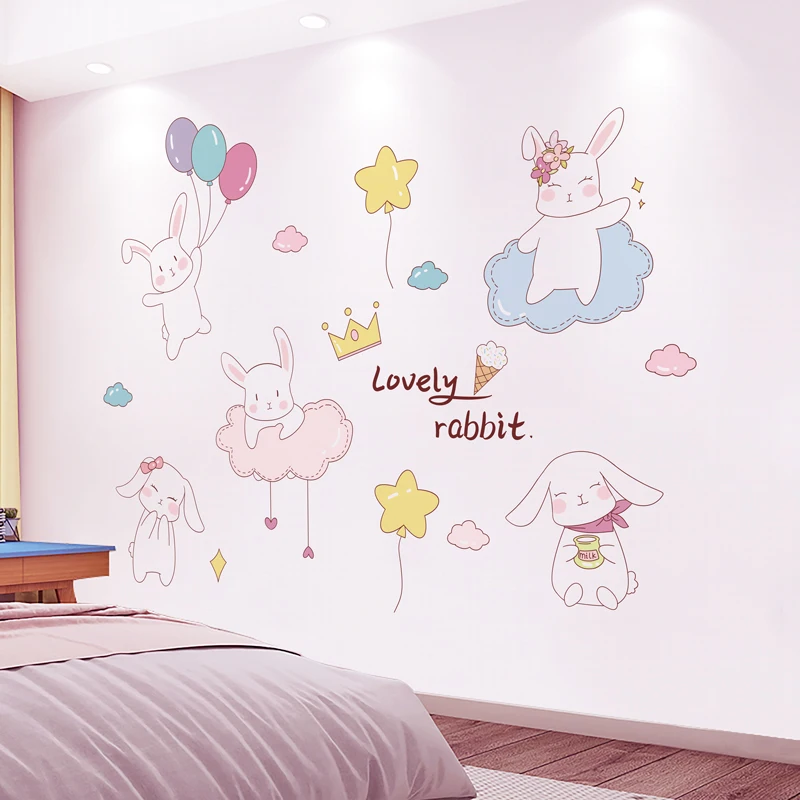 

[SHIJUEHEZI] Cartoon Rabbit Animals Wall Stickers DIY Balloons Clouds Mural Decals for Kids Rooms Baby Bedroom Home Decoration