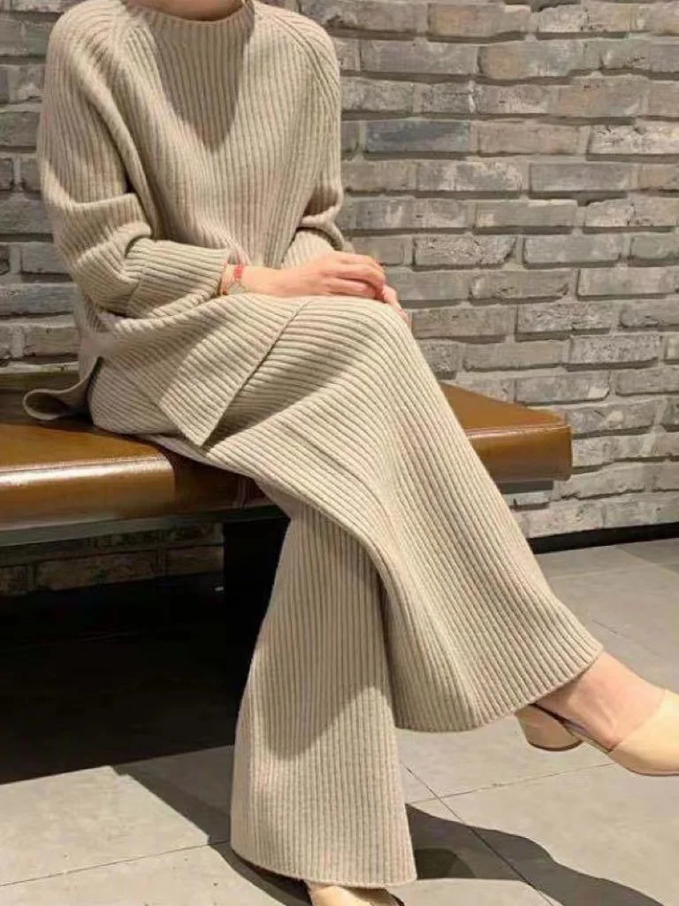 

2023 Autumn Winter Knitted Sweater Two-Piece Set Women Turtleneck Top Warm Thick Pants Suits Female Casual Pullover Tracksuits
