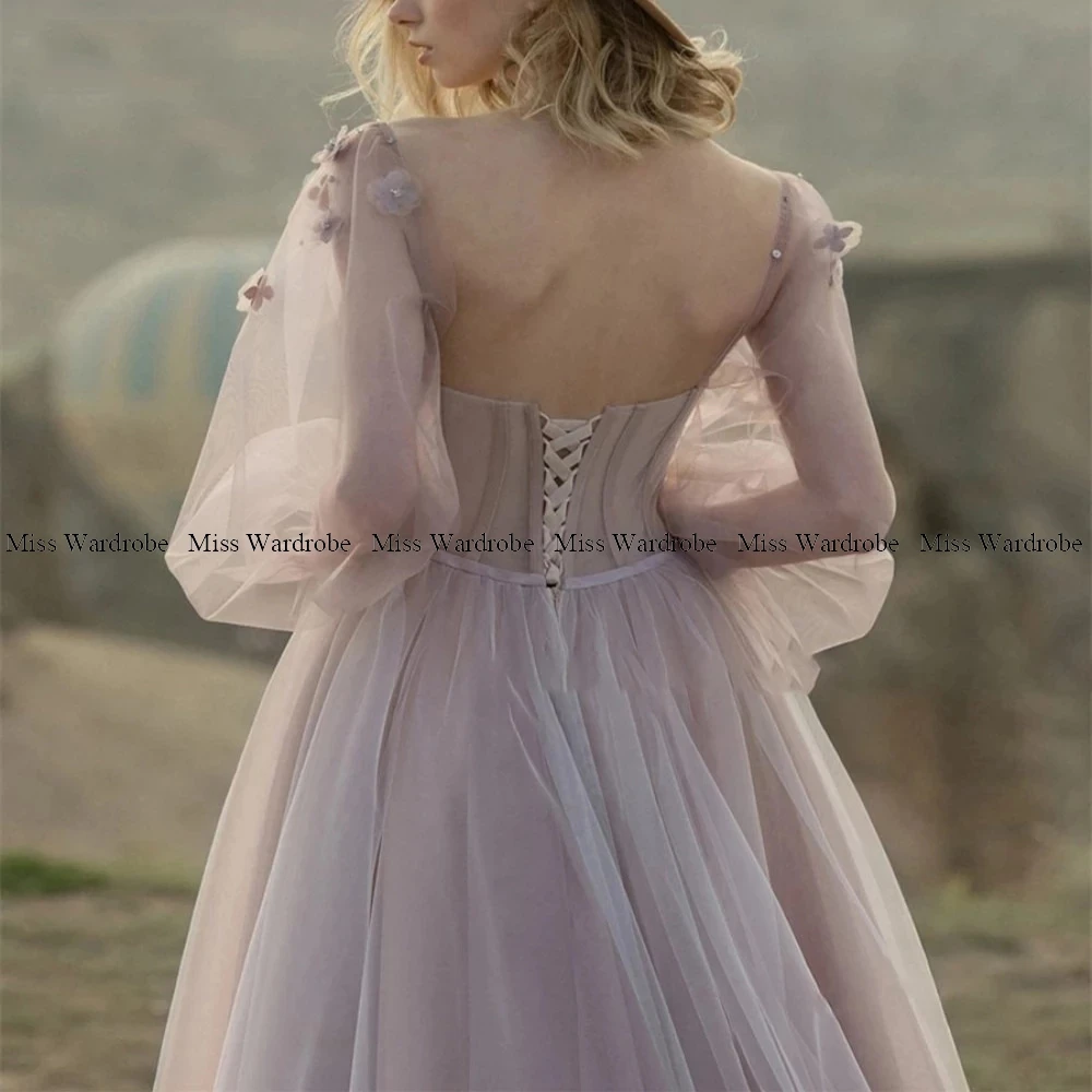 Fantasy Long Lavender Evening Dresses Sweetheart Puff Sleeves Tulle Appliques A Line Backless Formal Prom Party Gowns images - 6