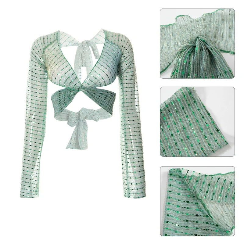 

Женский сетчатый топ с блестками, короткий топ с длинным рукавом и V-образным вырезом, облегающее бюстье с открытой спиной, блузка