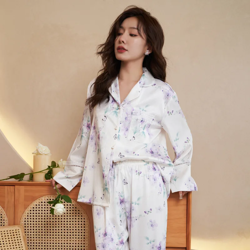 Women's 3 Piece Pajama Set Lapel Butterflies Flowers Pijama Ice Silk Pyjama Sleepwear Long Sleeve Shirt Pants Hair Band Homewear
