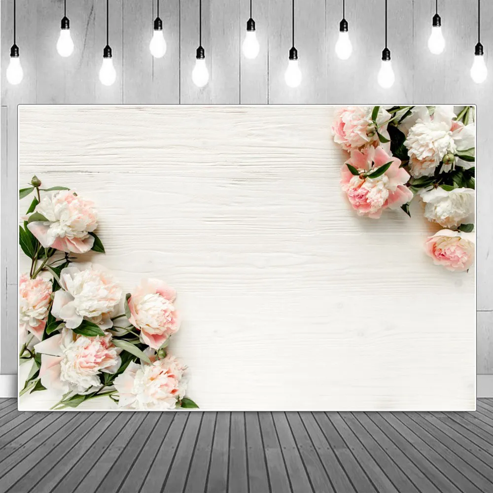 

White Wooden Board Flower Peony Photography Backdrops Custom Girls Floral Plank Self Portrait Party Decoration Photo Backgrounds