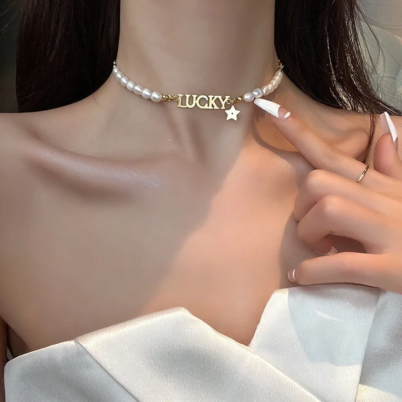 

Light Luxury White Pearls Choker Necklaces for Women Vintage Gold Color Letter Lucky Star Necklace 2022 Trend Jewelry Wholesale