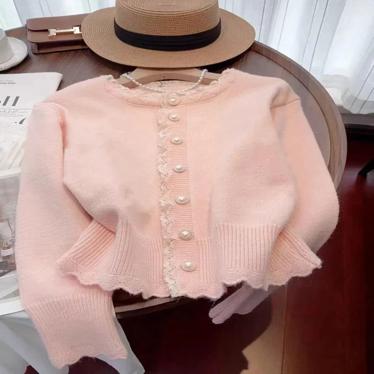 Корейский вязаный кардиган jpaa милый корейский модный кружевной лоскутный нежный