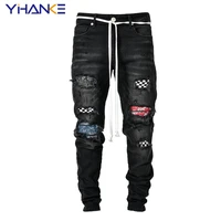 men jeans ripped checkered patchwork jogging pencil stretch pants mens clothing streetwear high street clothes patchwork jeans