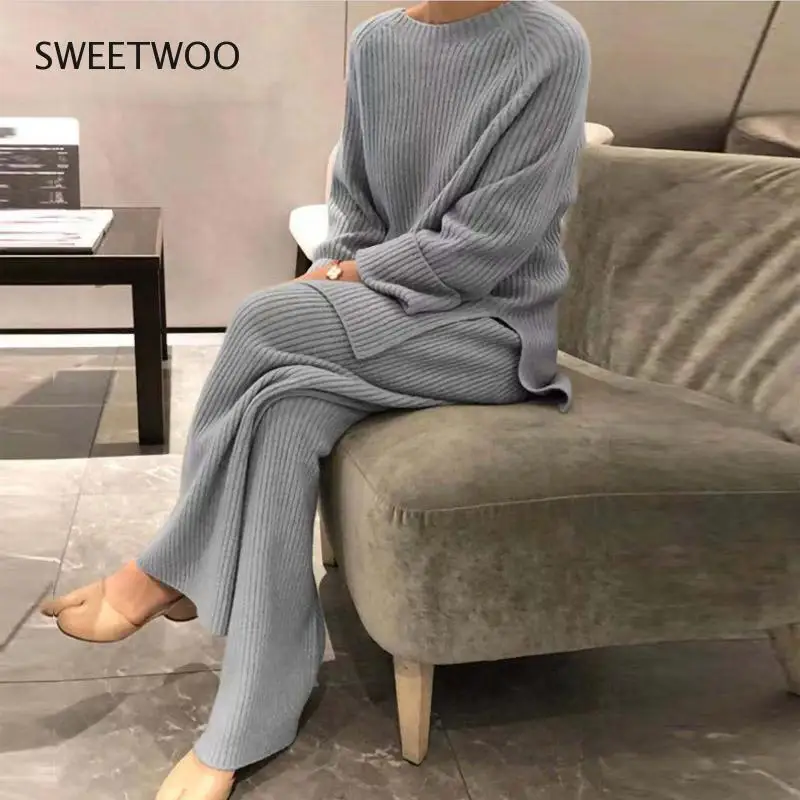 Women Homewear Pajama Suit  Women Elegant Solid Home Suit Winter Casual Soft Two Piece Set Lady O-Neck Pullover Tops + Wide Legs