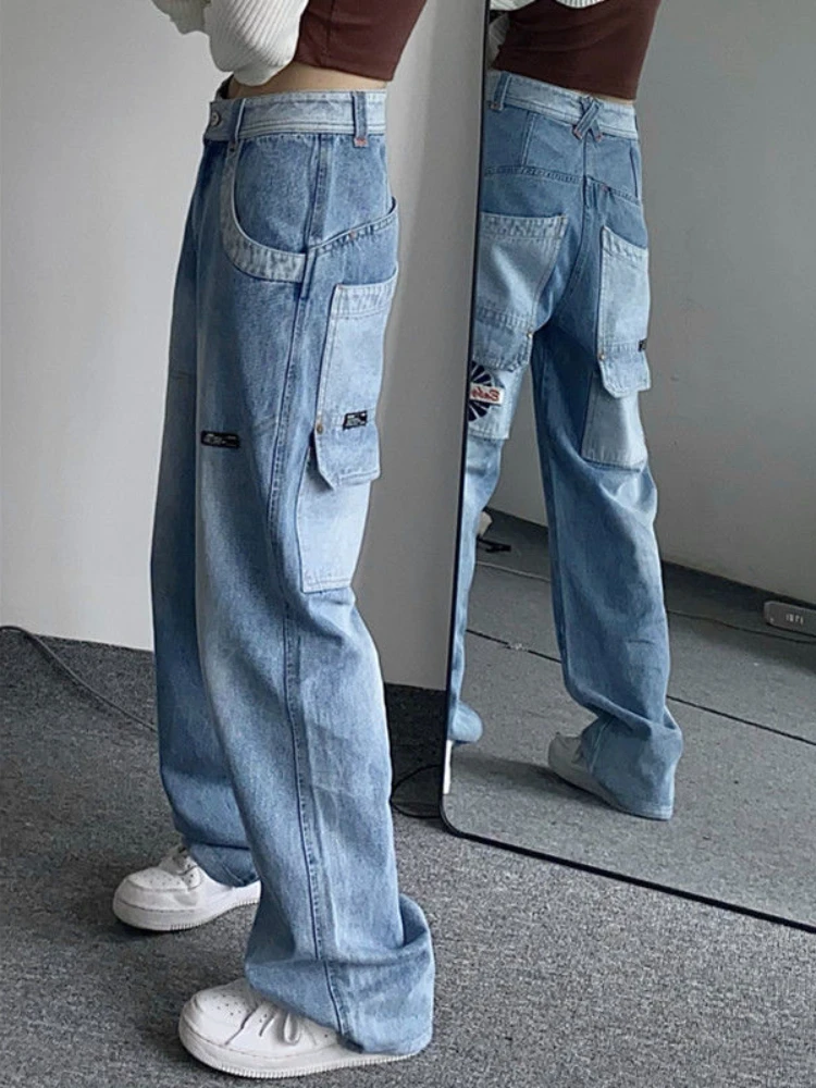 ADAgirl Y2k Baggy Cargo Pants Women Streetwear Vintage Patchwork High Waist Blue Jeans Harajuku Casual Pockets Denim Trousers