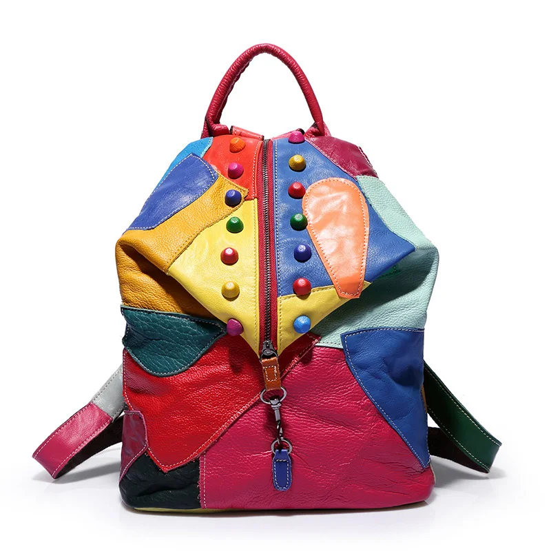 

Brand New Retro Genuine Leather Backpack Cowhide Lady Backpack Designer Travel Colorful Patchwork Luxury Shopper Bag Mochila