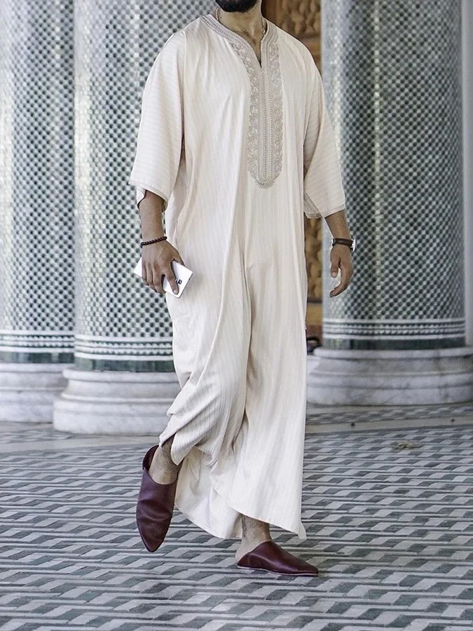 

Abaya Men Ramadan Cream Zina Islam Robe Kameez Galabia Spring 2023 New Ethnic Style Loose Casual Embroidered White Muslim Robe