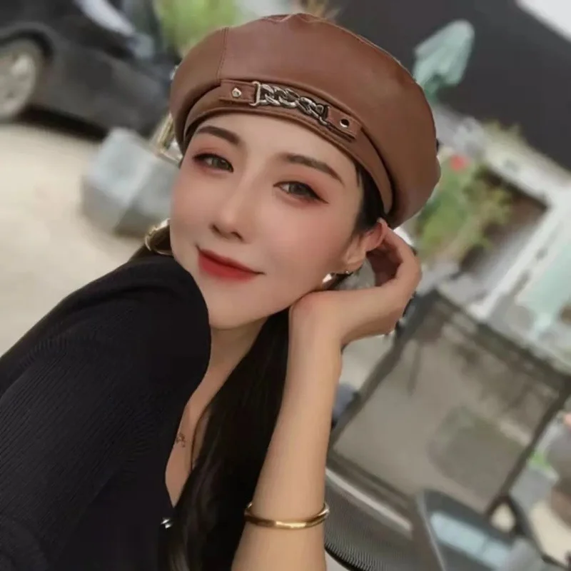 Новый Берет шапки для женщин осень зима весна искусственная кожа металлическая